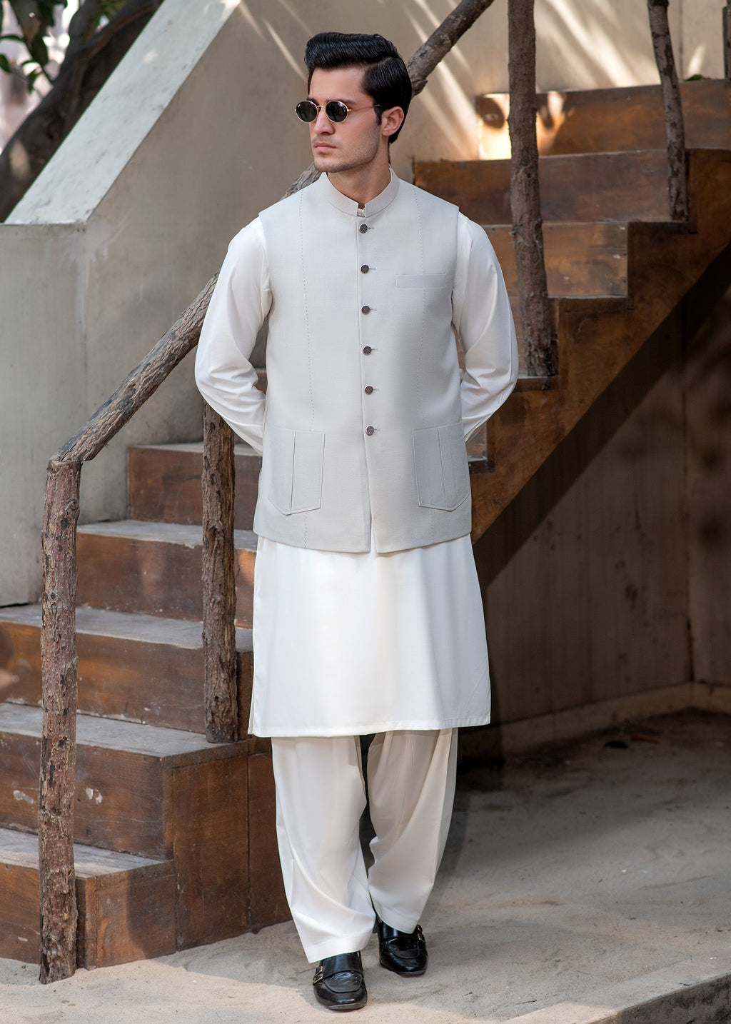 Premium Light Fawn Waistcoat for Men's with two lower patch pockets with decorative vertical pleats and one welt chest pocket - Classic Fit Mandarin style