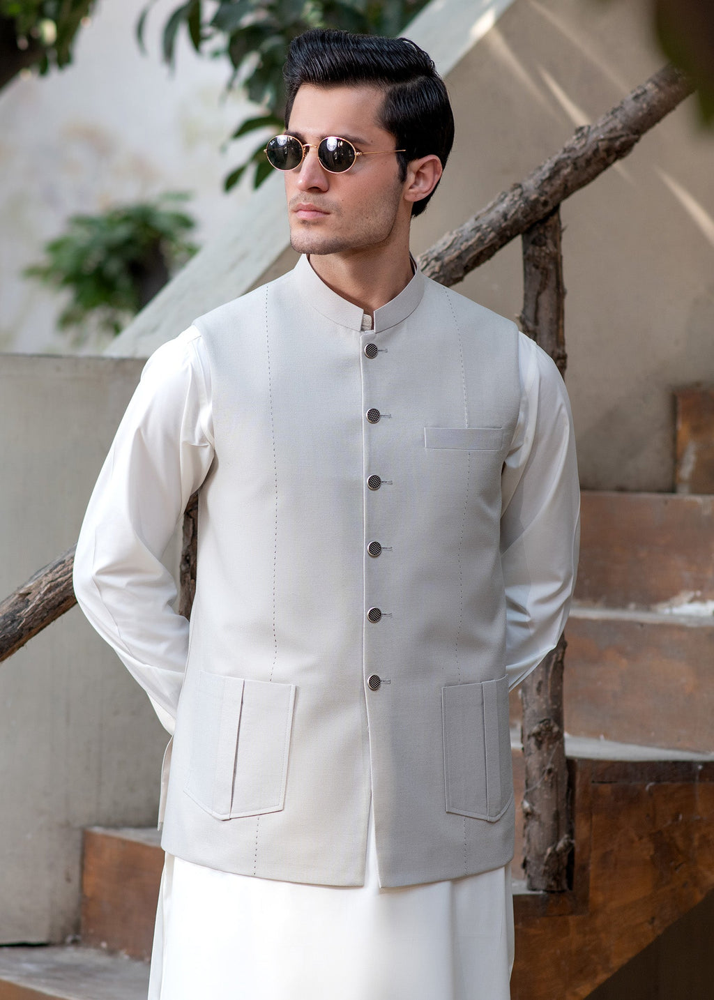 Premium Light Fawn Waistcoat for Men's with two lower patch pockets with decorative vertical pleats and one welt chest pocket - Classic Fit Mandarin style