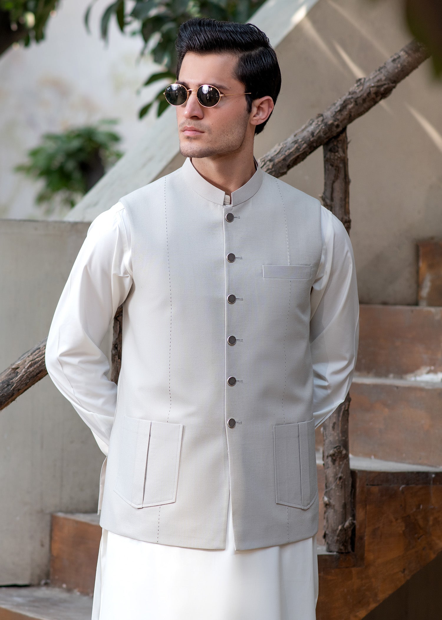 Premium Light Fawn Waistcoat for Men's with two lower patch pockets with decorative vertical pleats and one welt chest pocket - Classic Fit Mandarin style