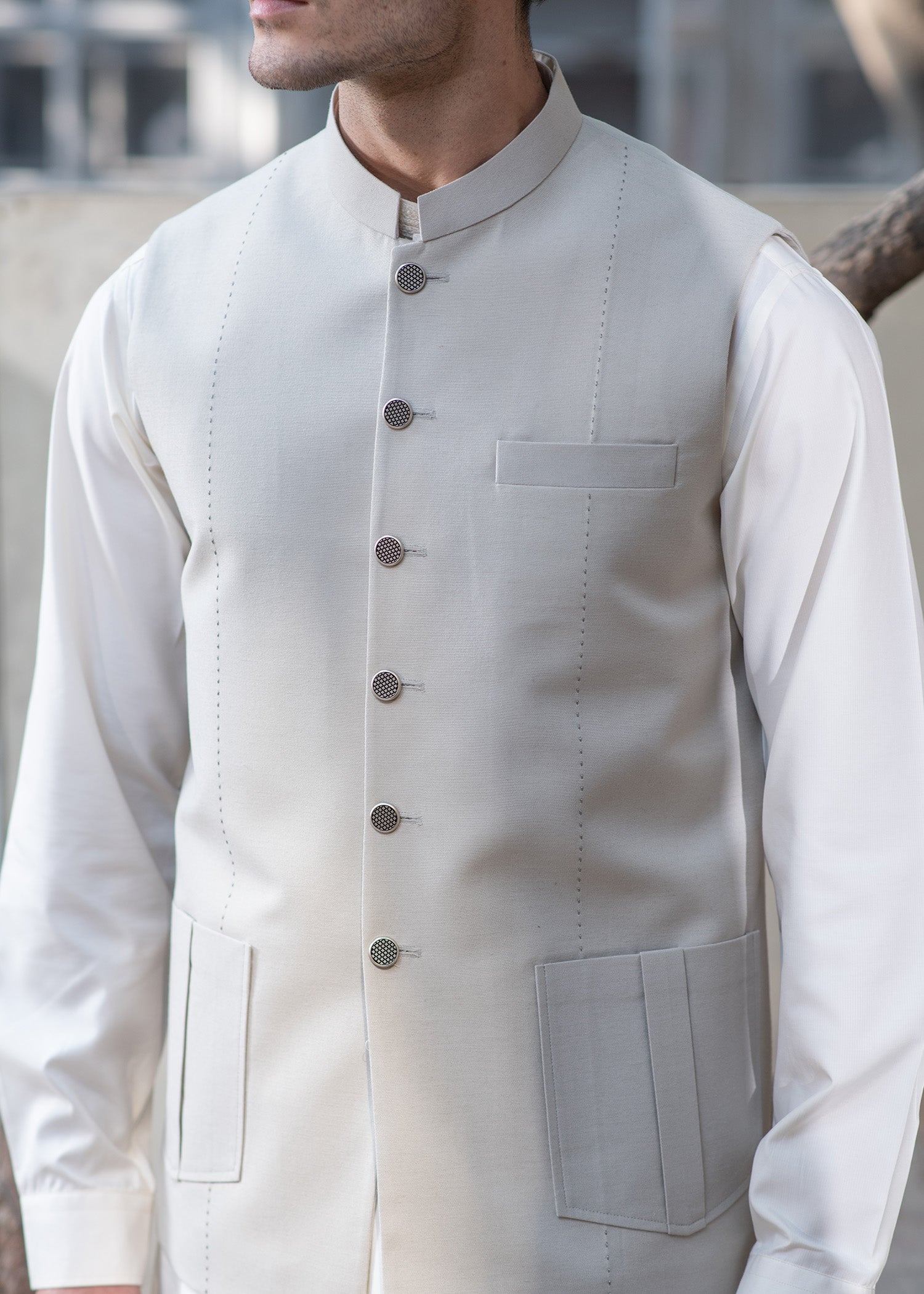 Premium Light Fawn Waistcoat for Men's with two lower patch pockets with decorative vertical pleats and one welt chest pocket - Classic Fit Mandarin style