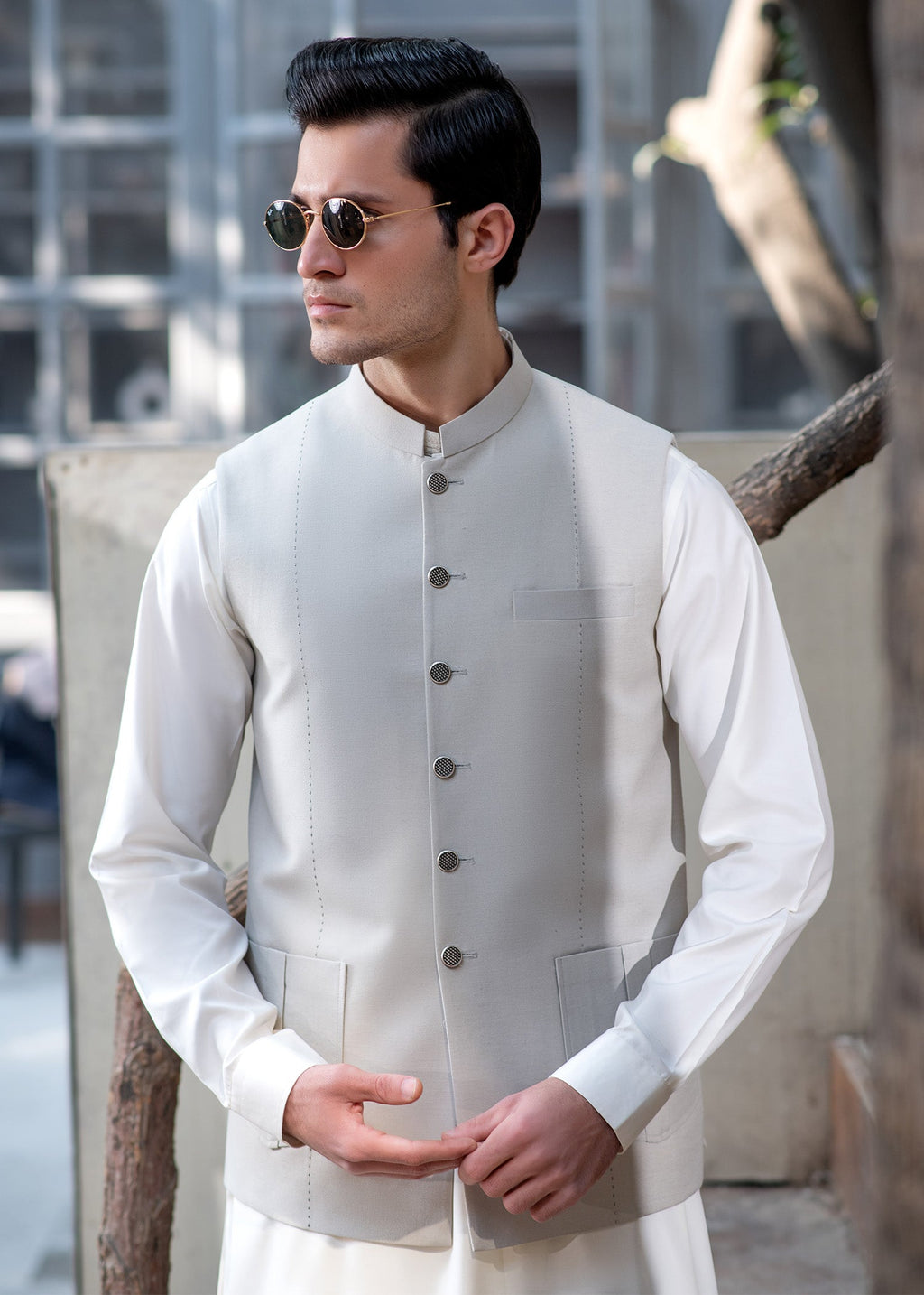 Premium Light Fawn Waistcoat for Men's with two lower patch pockets with decorative vertical pleats and one welt chest pocket - Classic Fit Mandarin style