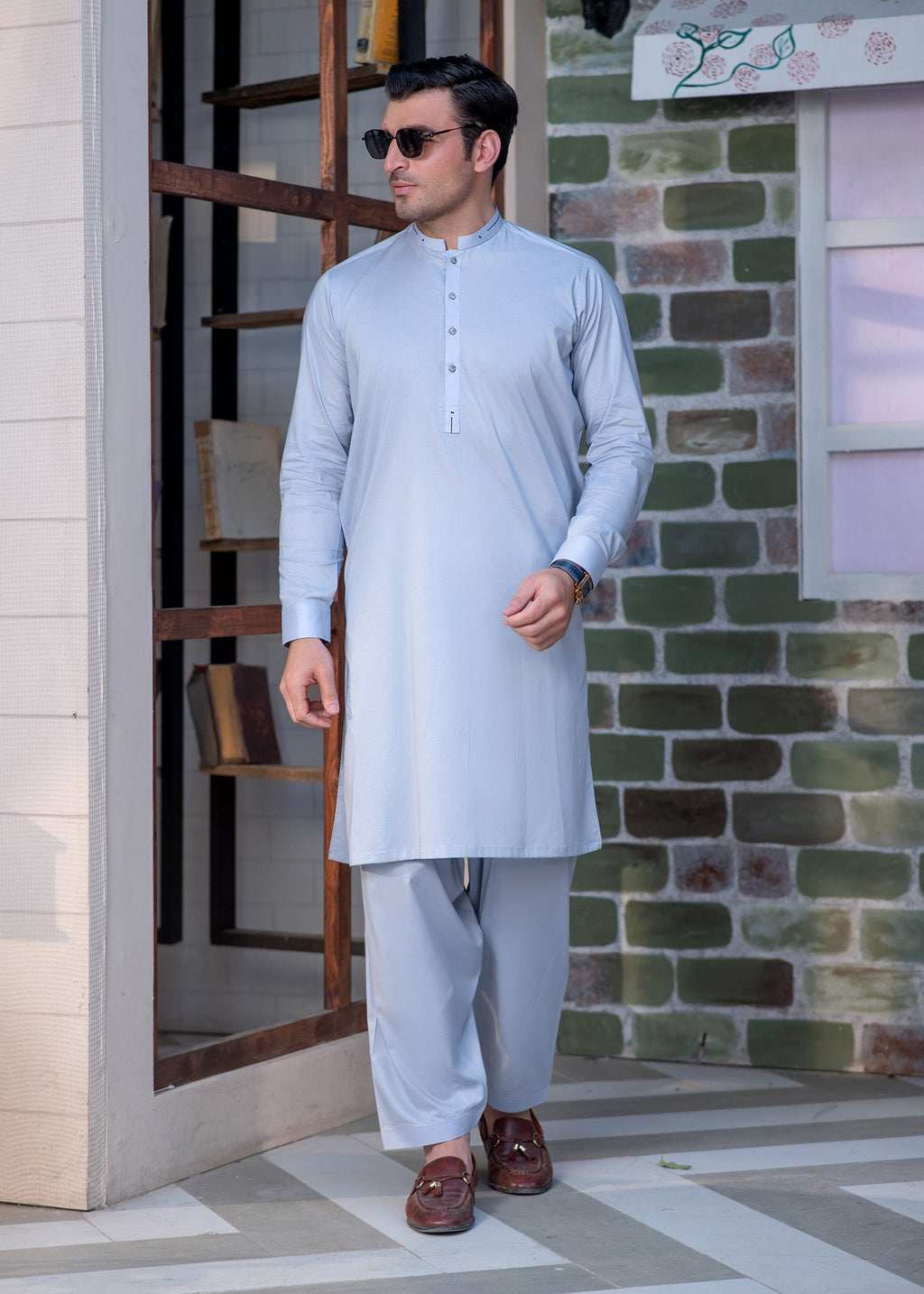 Light Blue Men’s Designer Shalwar Kameez with Minimalist Stitched Ban