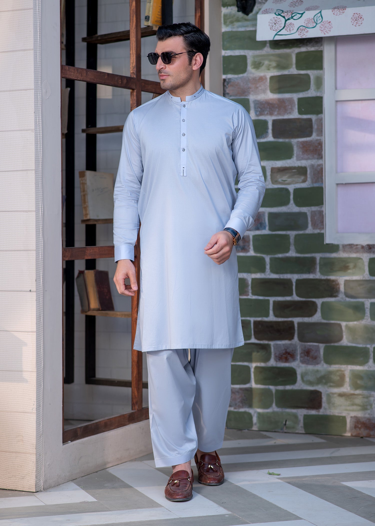 Light Blue Men’s Designer Shalwar Kameez with Minimalist Stitched Ban
