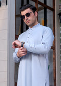 Light Blue Men’s Designer Shalwar Kameez with Minimalist Stitched Ban