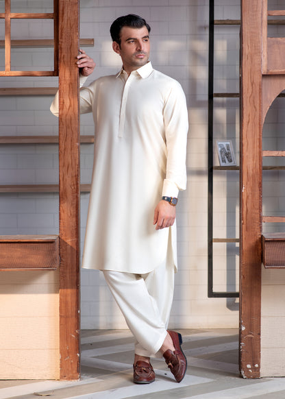 Cream Booski Collar Plain - Kameez Shalwar - Men