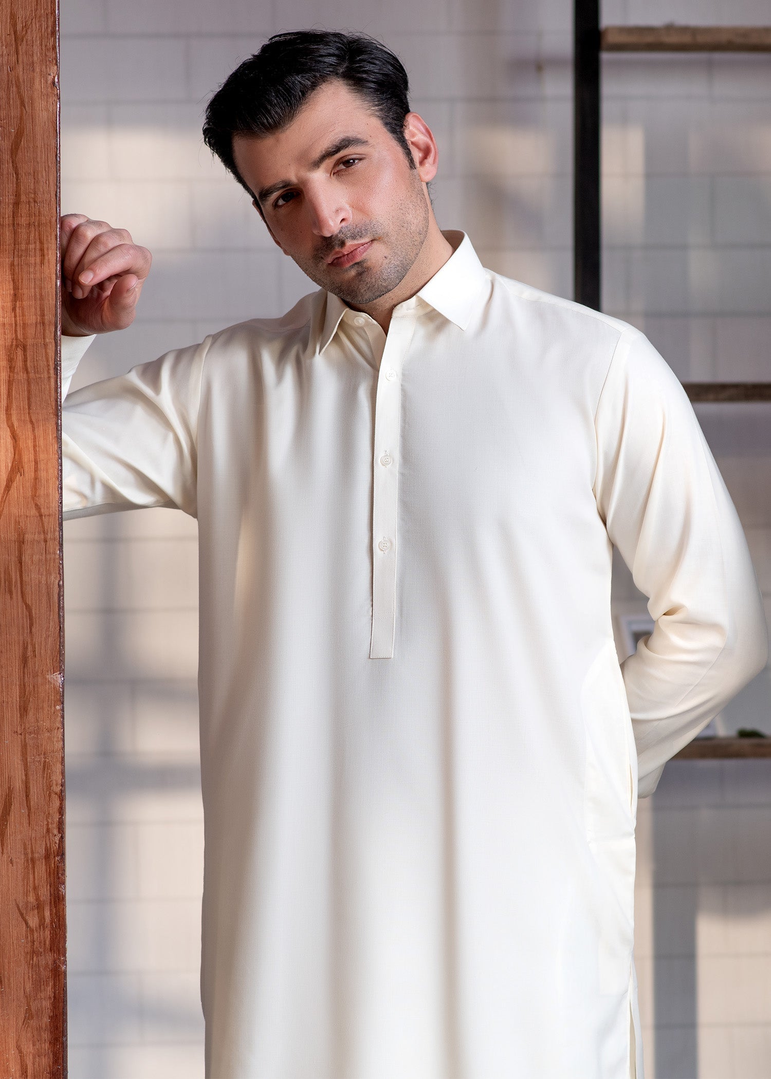 Cream Booski Collar Plain - Kameez Shalwar - Men