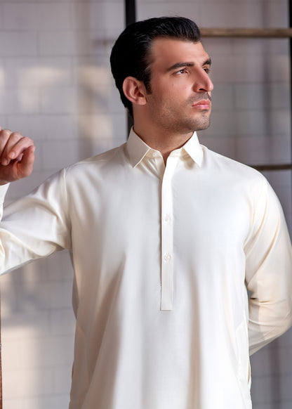 Cream Booski Collar Plain - Kameez Shalwar - Men