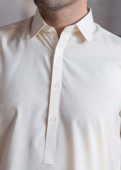 Cream Booski Collar Plain - Kameez Shalwar - Men