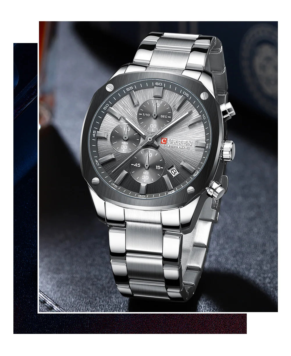 Grey Dial Chronograph Silver Steel Chain Men's Watch