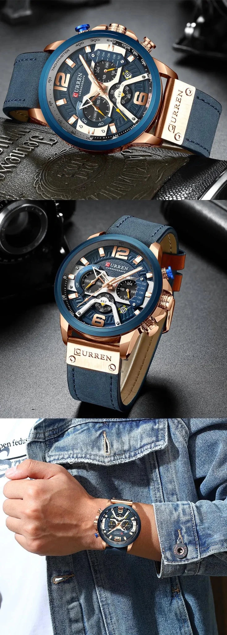 Blue Leather Strap Chronograph Analog Quartz Men's Watch.