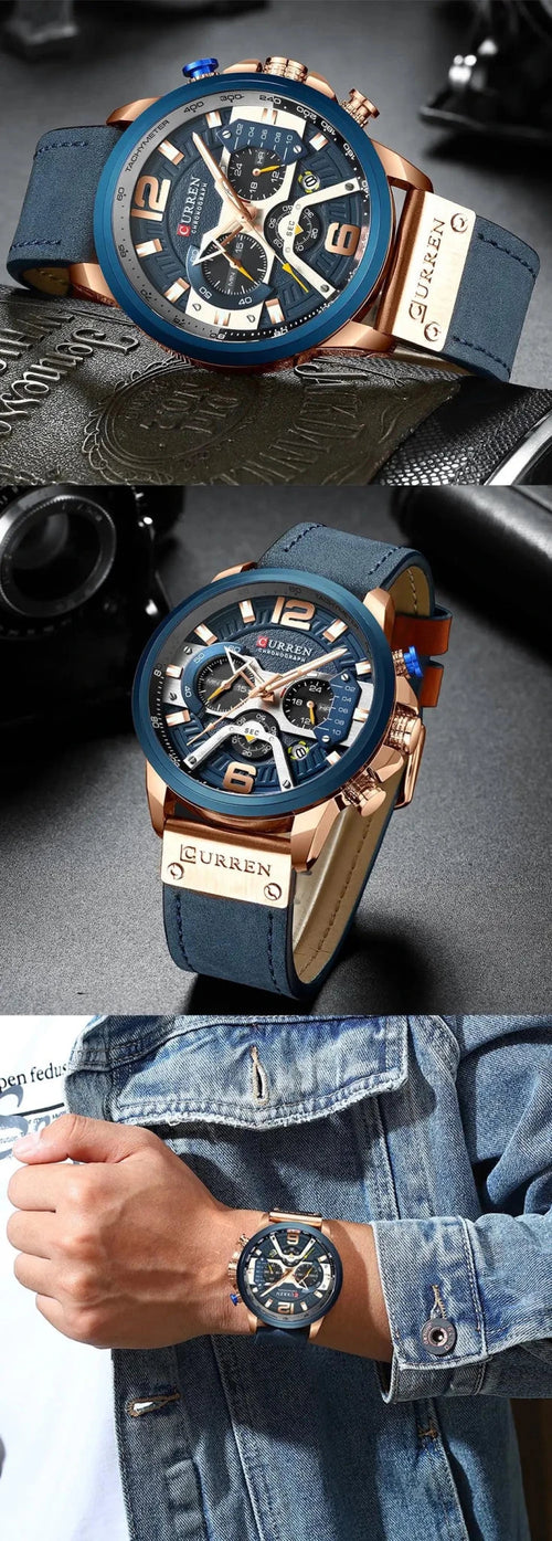 Blue Leather Strap Chronograph Analog Quartz Men's Watch.